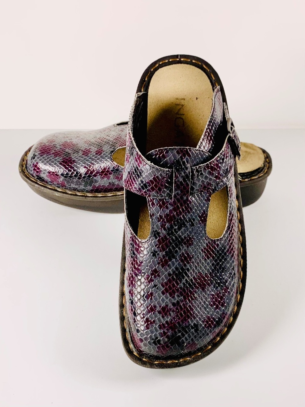 Ingaro T-Strap Comfort slip on Clogs Iridescent Burgundy Gray Snakeskin Buckles